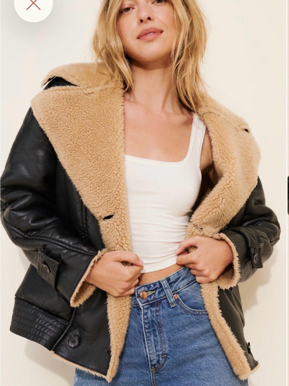 Avec Les Filles Black Faux Leather Jacket with Tan Shearling Trim - Picture 4 of 9